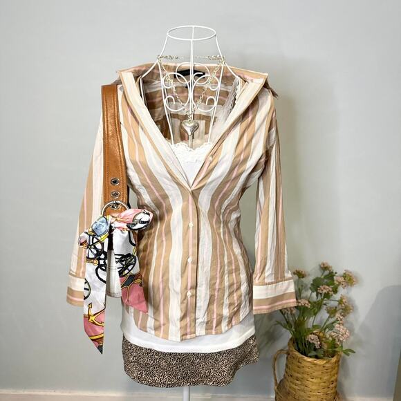 Gorgeous vintage y2k 90s brown & pink striped fitted button up top - Picture 2 of 6